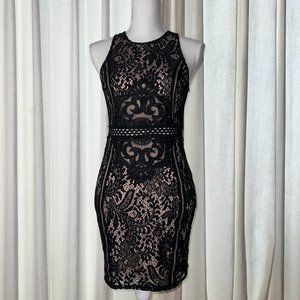 Sexy black lace-over-nude sleeveless cocktail dress, Size M